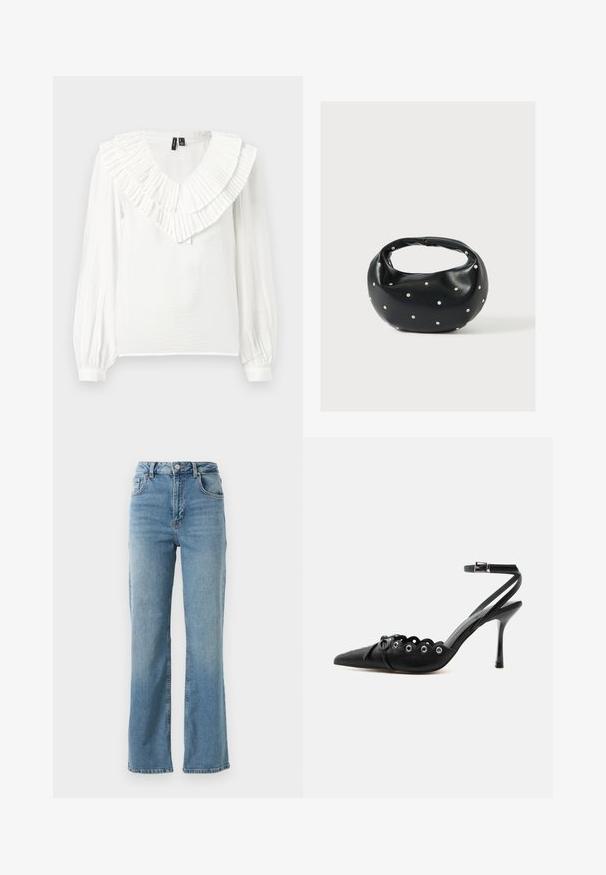 Blouse blanche avec un décolleté en V et un col volanté en couches. Manches longues avec poignets élastiques, fabriquée dans un tissu léger et texturé.; Jean en denim bleu clair avec une taille haute, une coupe large et un design classique à cinq poches. Présente un léger délavage et une fermeture éclair.; Chaussure à talon haut noire à bout pointu, bords festonnés, œillets métalliques, lacets à l'avant et bride de cheville avec fermeture à boucle.; Sac à main en cuir noir de forme arrondie, décoré de clous argentés et équipé d'une poignée courte. Texture lisse et fermeture éclair.
