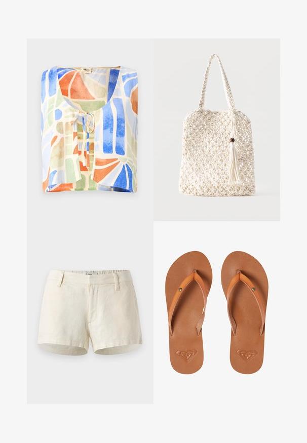 Kortærmet bluse i let stof med et farverigt abstrakt mønster. Farverne inkluderer blå, grøn, orange og creme med en bindedetalje.; Lys beige shorts lavet af linned. Har en flad talje, frontlommer og en ren kant. Simpelt, minimalistisk design.; Brune syntetiske klipklapper med orange stropper, tekstureret overflade og præget hjerte-logo detalje på sålen.; Hvid vævet bomuldsnet med flettede håndtag og en hængende kvast med en træperle.
