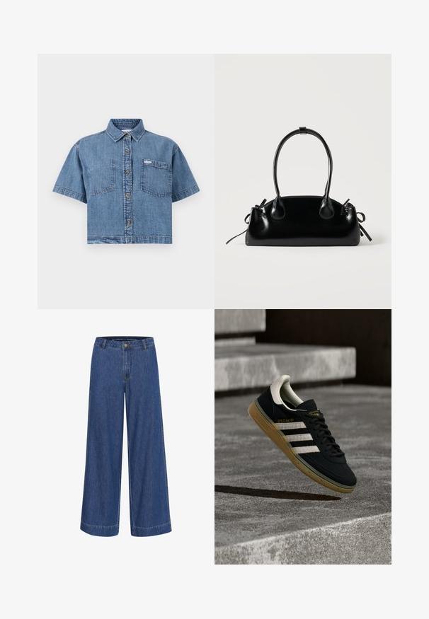 Lysblå, cropped denimskjorte med korte ærmer, knaplukning foran, to brystlommer og et lille mærke på venstre lomme.; VIDE benbukser i mørkeblå denim. Lavet af bomuld, med knaplukning, frontlommer og en ren kant.; Sort ruskindssneaker med hvide striber og gyldent logo, med en tekstureret gummisål i karamel og en kontrasterende cremefarvet hæltab.; Lille sort blank håndtaske med to lange håndtag og snøre-detaljer i siden på en ensfarvet lys baggrund.