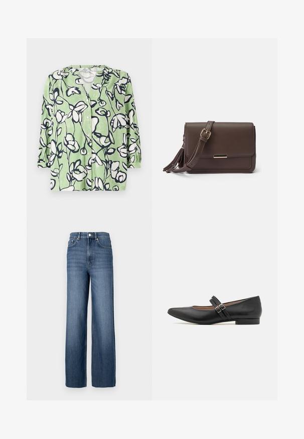 Groene overhemd met knopen, voorzien van een bloemenpatroon in wit en marineblauw. Heeft een v-halslijn en driekwart mouwen met een fijne textuur.; Blauwe denim jeans met een hoge taille en een wijde pijp. Voorzien van een klassiek vijf-pocket ontwerp en metalen knoopdetails.; Zwarte leren Mary Jane-stijl schoen met puntige neus, twee riempjes met gesp, lage hak en een gladde textuur. Ontworpen voor een formele uitstraling.; Bruine faux leren schoudertas met een flapsluiting, gouden hardware en een zijtassel. Verstelbare schouderband voor veelzijdig gebruik.