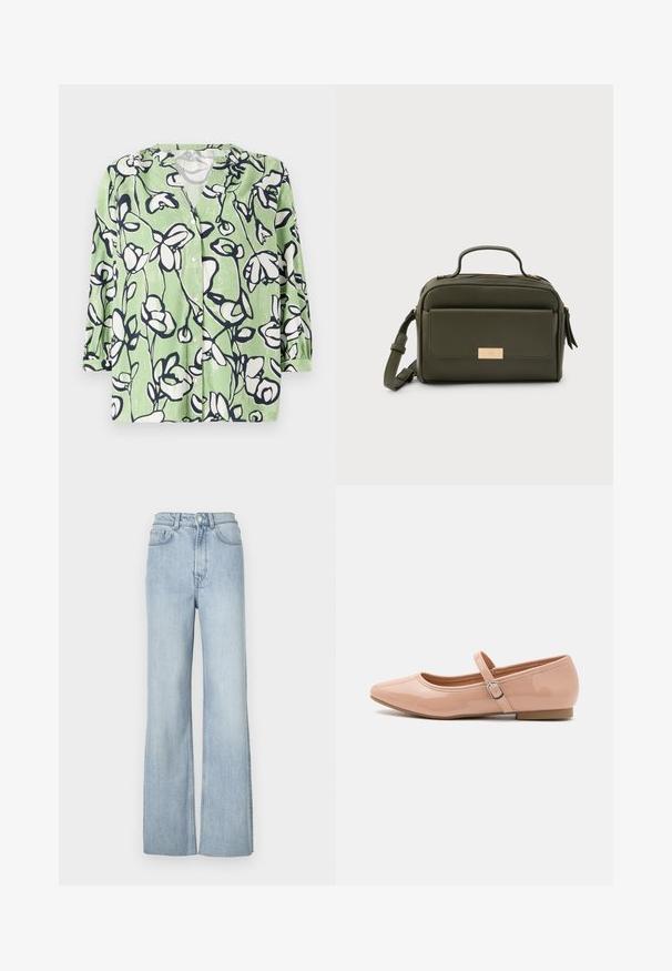 Grøn skjorte med knaplukning, der har et blomsterprint i hvidt og marineblåt. Har en v-hals og trekvartærmer med en glat tekstur.; Lyseblå denim flared jeans med høj talje, der har frontlommer og subtile syninger langs benene.; Call it Spring JANEYY - Ballerinasko m/ rem - other beige; Grøn lædertaske med struktureret form, frontlomme, hardware i guldfarve og aftagelig rem. Tekstureret overflade med lynlåslukning.