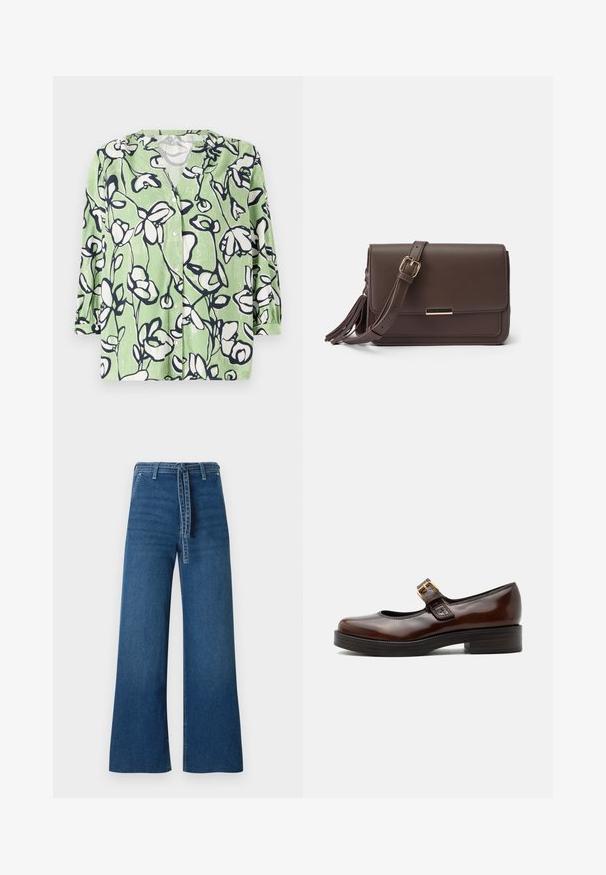 Grüne Hemdbluse mit floralem Muster in Weiß und Marineblau. Hat einen V-Ausschnitt und Dreiviertelärmel mit glatter Textur.; TOM TAILOR DENIM TTMIJA CULOTTE FIT - Flared Jeans - used mid stone blue denim; Dunkelbrauner Mary Jane Schuh mit glänzendem Finish, runder Spitze, niedrigem Blockabsatz und goldener Schnalle über dem Spann.; Braune Schultertasche aus Kunstleder mit Klappenverschluss, goldfarbener Hardware und seitlichem Quasten-Detail. Verstellbarer Riemen für vielseitigen Tragekomfort.