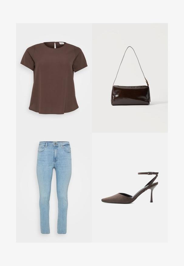 Brun kortærmet top med rund halsudskæring og en lille udsparing i ryggen. Lavet af blødt stof med en let udvidet kant.; Lyseblå denimjeans med slim fit, der har fem lommer, bæltestropper og en standard lynlås med knaplukning.; Brun ruskindspointetrukket højhælet sko med tynd ankelrem og sølvspænde på hvid baggrund.; Mørkebrun rektangulær læder skuldertaske med en enkelt tynd rem og spænde i guldton på en ensfarvet baggrund.