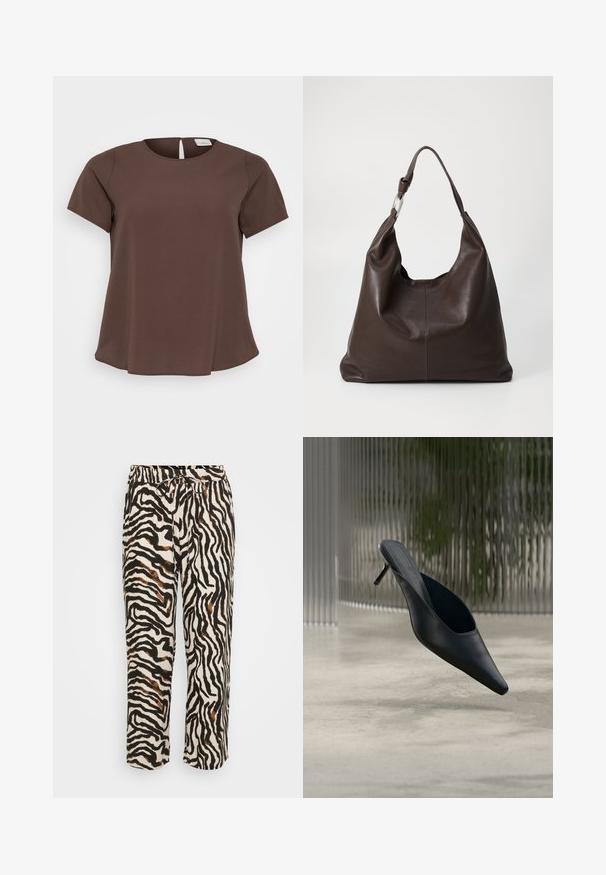 Camiseta marrón de manga corta con escote redondo y un pequeño corte en la parte posterior. Confeccionada en una tela suave con un dobladillo ligeramente acampanado.; Pantalones con cordón en una tela ligera, con un patrón de cebra en blanco y negro con acentos marrones. Corte relajado y largo cropped.; Zapato mule negro de punta fina con tacón alto y delgado flotando sobre un suelo de hormigón liso, con un fondo desenfocado de rayas verticales.; Zign by Zalando LEATHER - Bolso shopping - chocolate brown