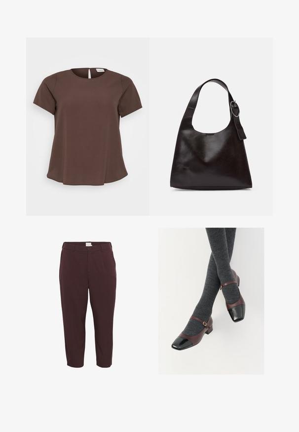 Haut marron à manches courtes avec un col rond et une petite découpe dans le dos. Fabriqué en tissu doux avec un ourlet légèrement évasé.; Pantalons sur mesure bordeaux à coupe droite, dotés d'une fermeture par bouton, de passants de ceinture et de poches avant. Tissu lisse avec un subtil éclat.; Chaussures Mary Jane en cuir bordeaux avec un contrefort en verni noir et une fine sangle à la cheville ; portées avec des chaussettes côtelées gris foncé. Talon carré bas.; Sac en cuir marron porté épaule avec une texture lisse, une forme arrondie, une large sangle et un accent métallique circulaire sur la poignée.