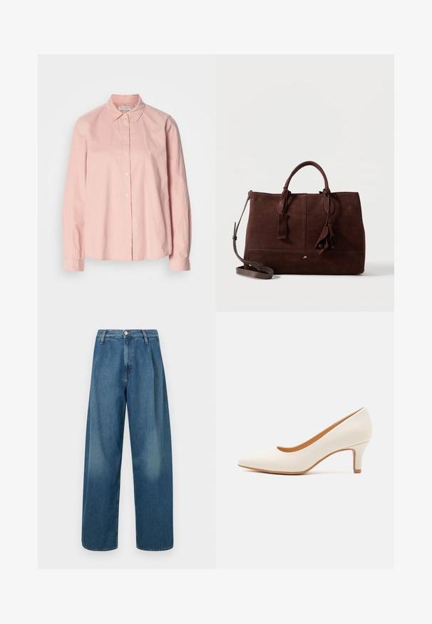 Chemise longue à manches longues de couleur rose clair, en coton, avec un col à bouton, fermeture à boutons sur le devant et une coupe décontractée. Texture lisse.; Jeans bleu à jambes larges en denim, avec une taille haute, une fermeture par boutons à l'avant, et un léger délavage sur le tissu.; Chaussure à talon haute en cuir blanc avec un bout pointu et un talon fin, légèrement incliné. Texture lisse avec un design minimaliste et une semelle beige.; Sac à main en daim marron foncé avec doubles poignées, bandoulière amovible, détails cousus et pompons décoratifs en cuir sur fond blanc.