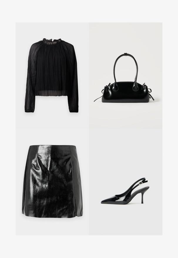 Blusa negra plisada con mangas largas, cuello alto con volantes y tejido transparente. Presenta una textura suave y una silueta holgada y fluida.; Mini falda de cuero sintético negro brillante con detalles de costura sutiles y una ligera abertura frontal sobre un fondo blanco.; Zapato tipo slingback de charol negro con punta afilada y tacón delgado. Cuenta con una correa ajustable con hebilla en la parte trasera. Textura suave.; Pequeño bolso negro brillante con dos asas largas y detalles de cordón lateral sobre un fondo claro liso.
