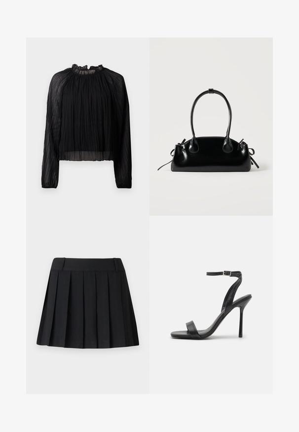 Schwarze plissierte Bluse mit langen Ärmeln, hohem Rüschenkragen und durchsichtigen Stoff. Besitzt eine weiche Textur und eine lockere, fließende Silhouette.; Schwarzer plissierter Rock mit maßgeschneidertem Bund, aus leichtem Stoff gefertigt. Verfügt über gleichmäßig verteilte Falten und ein schlichtes, sauberes Design.; Schwarze High-Heels-Sandalen mit schlankem Knöchelriemen und zwei vorderen Riemen. Aus glattem Leder gefertigt, mit einer eleganten spitzen Zehenform und einem Stiletto-Absatz.; Kleine schwarze glänzende Handtasche mit zwei langen Griffen und seitlichen Kordelzug-Details vor einfachem hellem Hintergrund.
