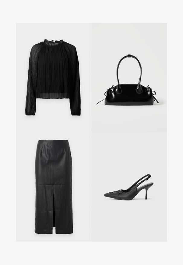 Blusa negra plisada con mangas largas, cuello alto con volantes y tejido transparente. Presenta una textura suave y una silueta holgada y fluida.; Falda midi de cuero negro con una abertura frontal, textura suave, diseño ajustado y un sutil detalle de costura en la parte delantera.; Sandal de tacón stiletto negro de cuero con punta afilada, correa lateral con hebilla, tachuelas a lo largo del borde y cordones decorativos en la parte delantera.; Pequeño bolso negro brillante con dos asas largas y detalles de cordón lateral sobre un fondo claro liso.