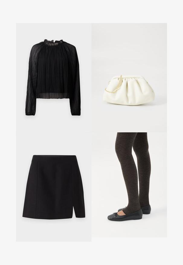 Blouse noire plissée avec des manches longues, un col haut à volants et un tissu transparent. Caractérisée par une texture douce et une silhouette ample et fluide.; Mini-jupe noire en tissu lisse, dotée d'une taille ajustée et d'une fente à l'avant qui apporte une touche moderne à son design simple.; Jambes portant des leggings côtelés foncés associés à des ballerines noires avec de petits détails en nœud sur fond blanc.; Sac à main en cuir blanc avec un design plissé, doté d'une bandoulière en chaîne dorée et d'une forme arrondie. Texture lisse avec des plis doux et sans motifs.