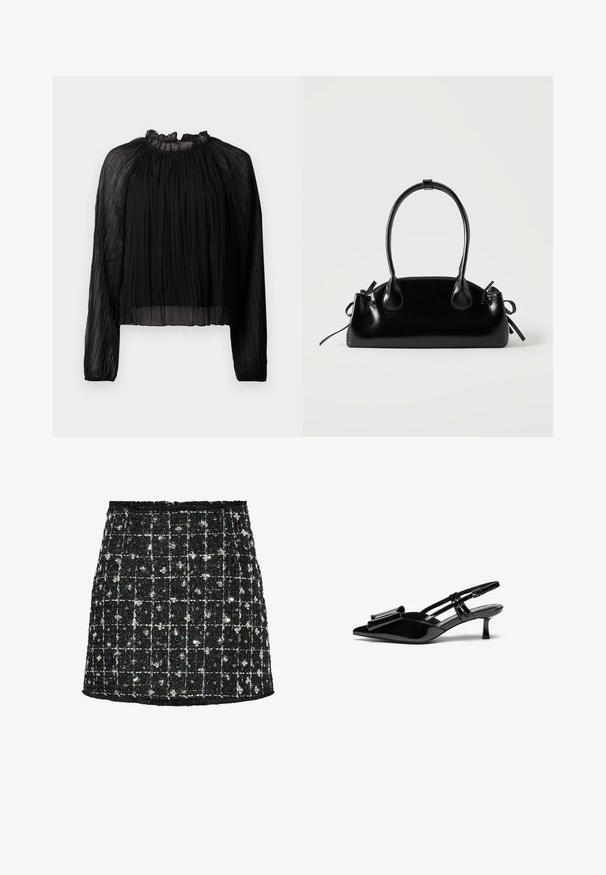 Blusa negra plisada con mangas largas, cuello alto con volantes y tejido transparente. Presenta una textura suave y una silueta holgada y fluida.; Falda de tweed negra con un patrón de cuadros, adornada con lentejuelas y pequeños acentos florales, con un dobladillo deshilachado y un diseño ajustado.; Zapatos de tacón slingback de charol negro con punta afilada, detalle de lazo en el frente y un pequeño tacón de aguja. Las correas tienen hebillas ajustables.; Pequeño bolso negro brillante con dos asas largas y detalles de cordón lateral sobre un fondo claro liso.
