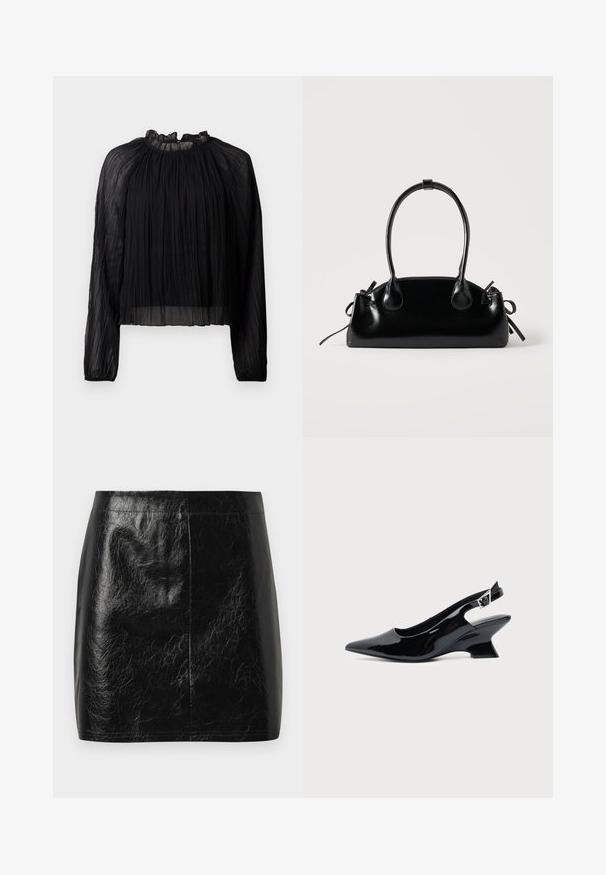 Blouse noire plissée avec des manches longues, un col haut à volants et un tissu transparent. Caractérisée par une texture douce et une silhouette ample et fluide.; Jupe mini en cuir synthétique noir avec une texture lisse et brillante, présentant une coupe droite et des coutures minimales au niveau de la taille.; Chaussure slingback en cuir verni noir avec bout pointu et petit talon bloc incliné sur fond clair uni.; Petit sac à main noir brillant avec deux longues anses et des détails à cordon sur les côtés sur un fond clair uni.