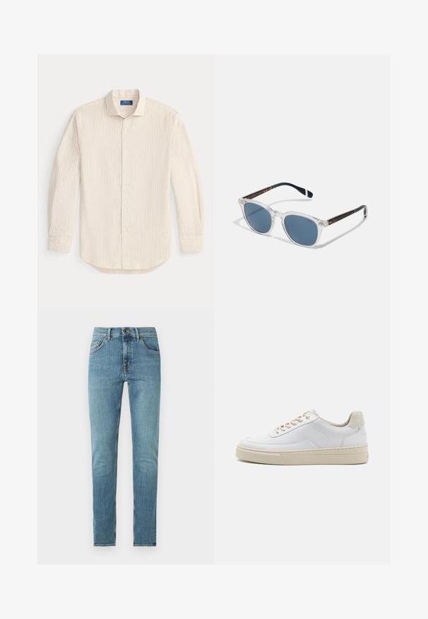 Chemise beige à manches longues avec fines rayures verticales blanches et col pointu, posée à plat sur fond blanc.; Jean slim bleu clair avec cinq poches, fermeture par bouton, et légère décoloration sur les cuisses et les genoux.; Sneaker blanche avec un dessus en cuir lisse, des lacets beige et un onglet de talon en daim beige texturé. Semelle surélevée pour une hauteur supplémentaire.; Polo Ralph Lauren 0PH4206 - Lunettes de soleil - shiny/transparent