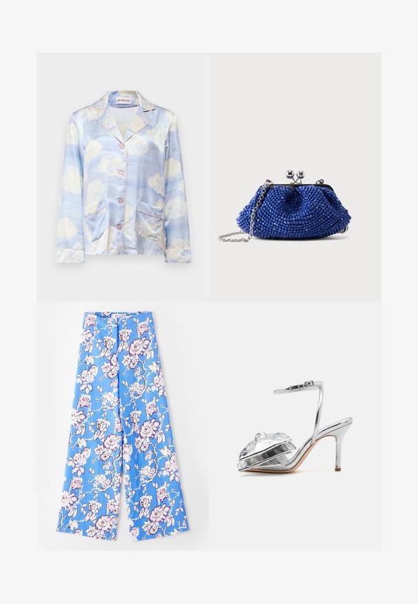 Silk pyjamas skjorte i lyseblå med sky mønstre, featuring en indsnit krave, fem knapper og to forlommer med bleg pink kant.; Blå blomsterbukser med et pastelfarvet rosemønster. Stofret er glat med en afslappet pasform, brede ben og en elastisk talje.; Loeffler Randall MARLENA - Højhælede sandaletter / Højhælede sandaler - silver; Lille blå perlebesat clutchtaske med sølvspænde og kæderem, der hviler på en ensfarvet lys grå baggrund.