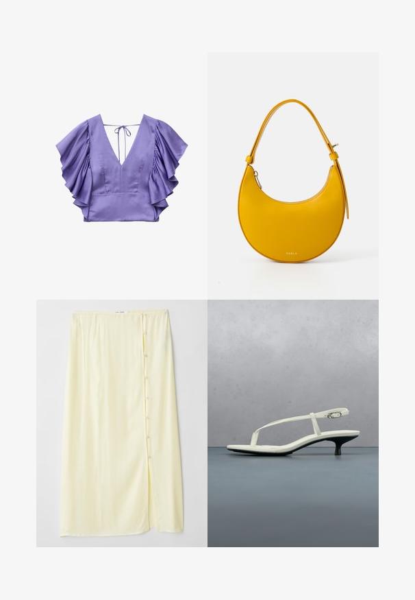 Blouse en satin violet avec un profond décolleté en V, des manches courtes à volants et une fermeture par lien au dos du col.; Jupe longue, jaune pâle, en tissu doux avec une fente sur le côté et une fermeture à boutons, présentant une texture lisse et une coupe décontractée.; Sandale blanche à talon kitten avec des lanières et un bout pointu, flottant au-dessus d'un sol en carrelage en bois en plein air avec un arrière-plan flou de plante et de mur.; Sac à main en cuir jaune, en forme de demi-lune, texture lisse, avec une bandoulière amovible et une fermeture éclair. Il présente des accessoires en métal doré.