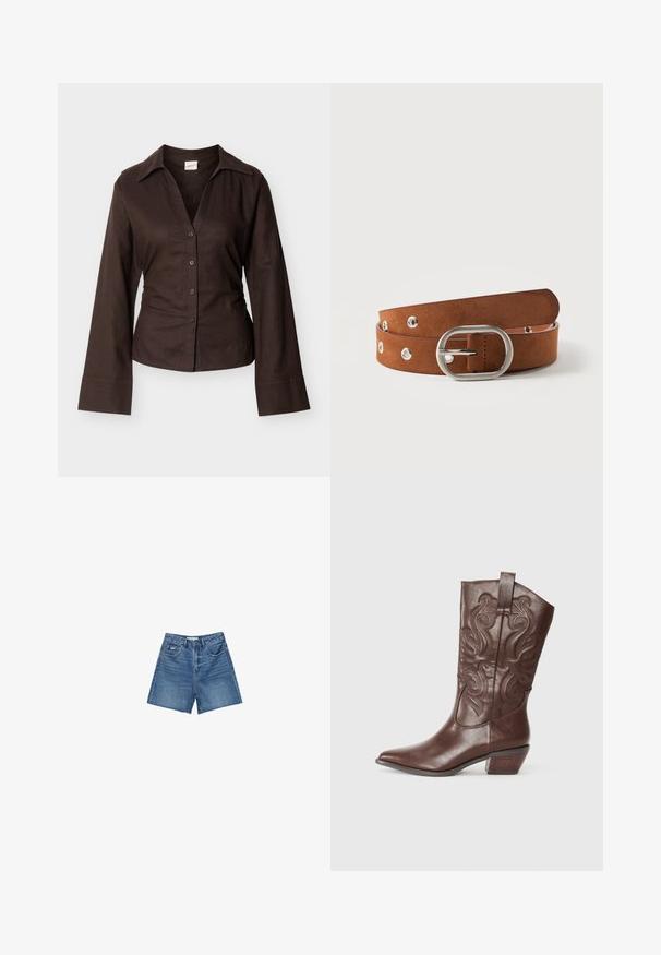 Mørkebrun langærmet skjorte med knapper, bred krave og tætsiddende talje, vist på hvid baggrund.; Denim shorts i mellemblå vask med et klassisk fem-lomme design, bæltestropper og lynlås-gylp med knaplukning.; Brune læder cowboystøvle med spids tå, dekorativ syning på skaftet og en lav stablet hæl. Glat tekstur med en poleret overflade.; Brunt ruskindsbælte med sølv oval spænde og metaløjer, snoet på en hvid baggrund.