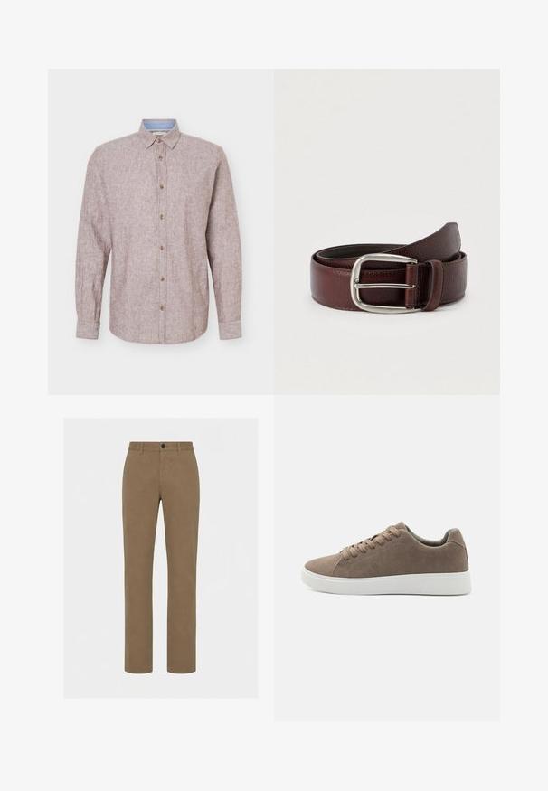 Beige overhemd met lange mouwen en knopen, klassieke kraag en bruine knopen, getoond tegen een effen lichte achtergrond.; Bruine rechte broek met riemlussen, voorste knoop en ritsluiting tegen een effen lichte achtergrond.; Bruine suède sneakers met platte witte rubberen zolen, vetersluiting, ronde neus en een gladde textuur. Minimalistische stijl met subtiele stikdetails.; Bruine leren riem met een gestructureerde afwerking, voorzien van een zilverkleurige metalen gesp en een enkele lus voor aanpassing. Geweven ontwerp nabij de gesp.