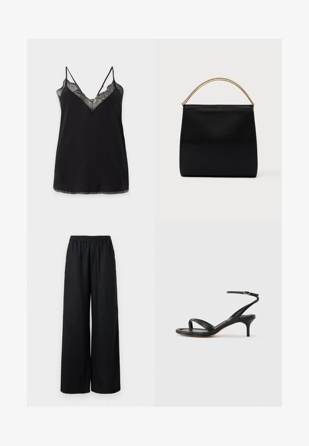 Caraco noir avec bordure en dentelle à l'encolure et à l'ourlet, avec des fines bretelles réglables et un panneau supérieur en dentelle transparente.; Pantalon large en lin noir avec taille élastique, présentant une finition texturée et une silhouette ample pour le confort et la respirabilité.; Sandale pour femme en cuir noir avec fines lanières, une boucle d'orteil, une boucle à la cheville et un talon aiguille de hauteur moyenne sur un fond neutre.; Sac noir en tissu lisse, présentant une forme structurée, une poignée en chaîne dorée et un design géométrique minimaliste.