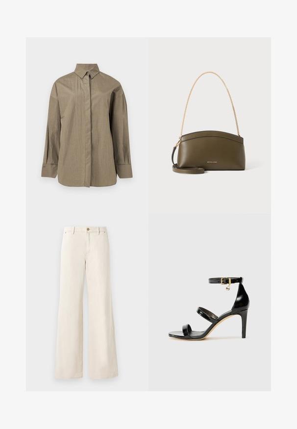 Oversized beige blouse met lange mouwen, een puntige kraag, verborgen knopen aan de voorkant en geplooide manchetten.; Beige wijde broek van katoen met een gladde textuur. Heeft een knoopsluiting, voorzakken en een klassiek taillebandontwerp.; Zwarte gepatineerde leren sandaal met drie banden, enkelgesp en 10 cm hoge stiletto hak. Bevat gouden hardwaredetails en een logo charm.; Olijfgroene Michael Kors-handtas met gouden kettingschouderband, gebogen bovenkant en klein goud logo aan de voorkant, getoond tegen een witte achtergrond.