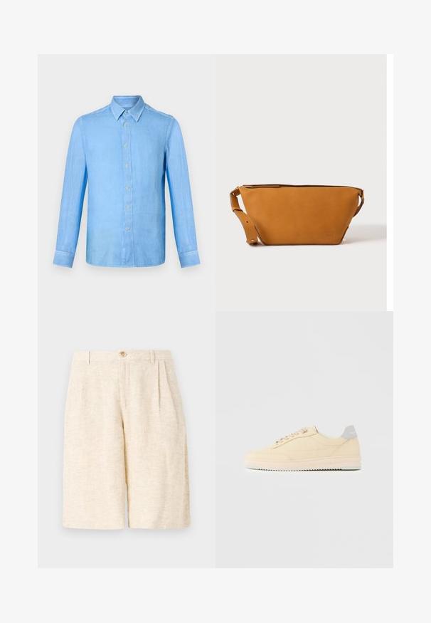 Hellblaues Leinenhemd mit langen Ärmeln, klassischem Kragen und durchgehender Knopfleiste. Verfügt über eine glatte Textur und ein minimalistisches Design.; Beige maßgeschneiderte Shorts aus strukturiertem Gewebe, mit vorderen Falten, einem Knopfverschluss und einem geraden Bein-Design.; Beiger Sneaker in niedrigem Design mit Schnürverschluss vorne, hellrosa Sohle und grauem Fersenlasche mit der Marke "Filling Pieces", seitlich auf neutralem Hintergrund gezeigt.; Hellbraune Leder-Umhängetasche mit verstellbarem Schulterriemen und Reißverschluss, vor einem schlichten hellen Hintergrund gezeigt.