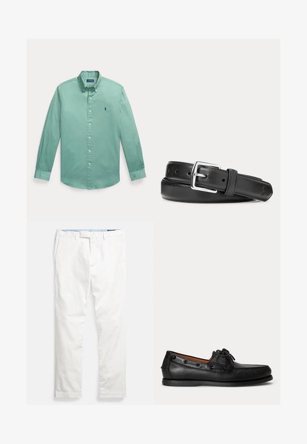 Hellgrünes Hemd mit langen Ärmeln, Knopfleiste, Button-Down-Kragen und kleinem gesticktem Logo auf der linken Brust.; Weiße Baumwoll-Chinos mit flacher Vorderseite, Gürtelschlaufen, Seitentaschen und einer glatten Textur, mit einem blauen inneren Bund.; Schwarzer Ledermokassin mit Schnürdetail und flacher Gummisohle, seitlich auf hellem Hintergrund gezeigt.; Schwarzer Ledergürtel mit silberner rechteckiger Schnalle, aufgerollt auf weißem Hintergrund, mit dezent geprägt Logo an der Spitze.