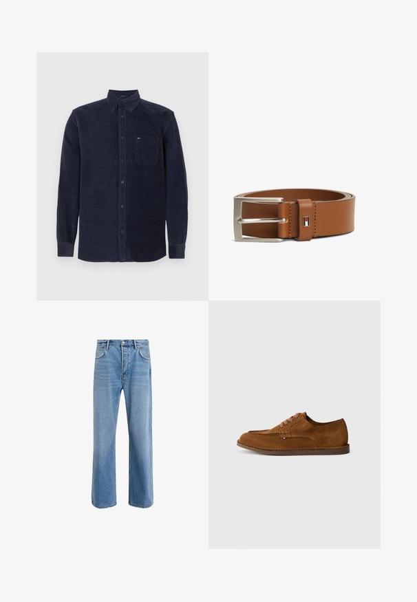 Katoenen corduroy overhemd met lange mouwen in donkerblauw, met een knoopsluiting, een borstzak aan de voorkant en een kraag, liggend op een witte achtergrond.; Lichtblauwe denim jeans met een straight-leg ontwerp, vijf zakken, knoopsluiting, minimale vervaging en contrasterende stikseldetails.; Bruine suède schoen met een afgeronde neus, decoratieve stiksels en zes contrasterende veterogen. Platte zool en een minimalistisch ontwerp.; Bruine leren riem met zilverkleurige rechthoekige gesp en klein rechthoekig logolabel met rood, wit en zwart ontwerp vlak bij de gesp.