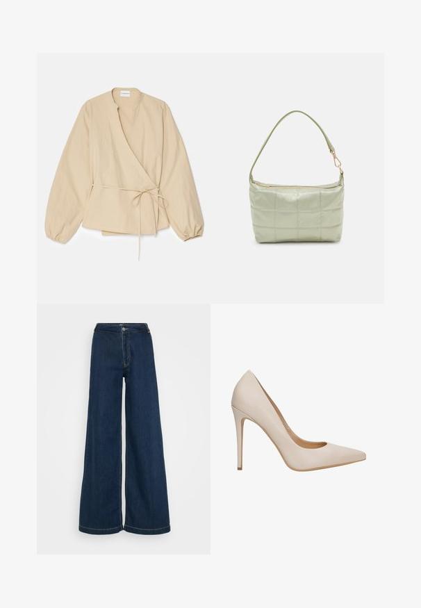Beige Wickelbluse aus Baumwolle mit langen, gepufften Ärmeln, tiefem V-Ausschnitt und Bindeband in der Taille. Glatte Textur, minimalistisches Design.; Weite Denim-Jeans in Dunkelblau mit hoher Taille, Knopfverschluss und dezenten Nähten entlang der Nähte.; Beiger Leder-Pumps mit hohem Absatz, spitz zulaufender Schuhspitze, glatter Textur und schlankem Stiletto-Absatz. Minimalistisches Design ohne zusätzliche Verzierungen.; Gepolsterte grüne Schultertasche mit weicher Textur, rechteckiger Form, einem Trageriemen und goldfarbener Reißverschlussöffnung. Verfügt über ein gestepptes Muster.