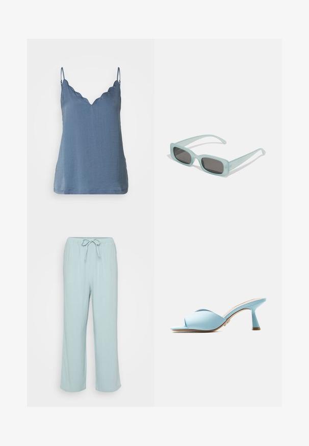 Top sin mangas azul con un escote en V ondulado, hecho de tejido ligero, con un corte relajado y un dobladillo que cae por debajo de la cintura.; Pantalones de lounge de pierna ancha en azul claro, con una cintura elástica ajustable. Hechos de una tela suave y transpirable con una textura lisa.; Zueco azul claro de punta abierta con tiras anchas cruzadas y tacón medio acampanado mostrado de perfil sobre fondo blanco.; Un par de gafas de sol rectangulares con montura translucida azul clara y lentes gris oscuro, que cuentan con patillas rectas y detalles de hardware mínimos.