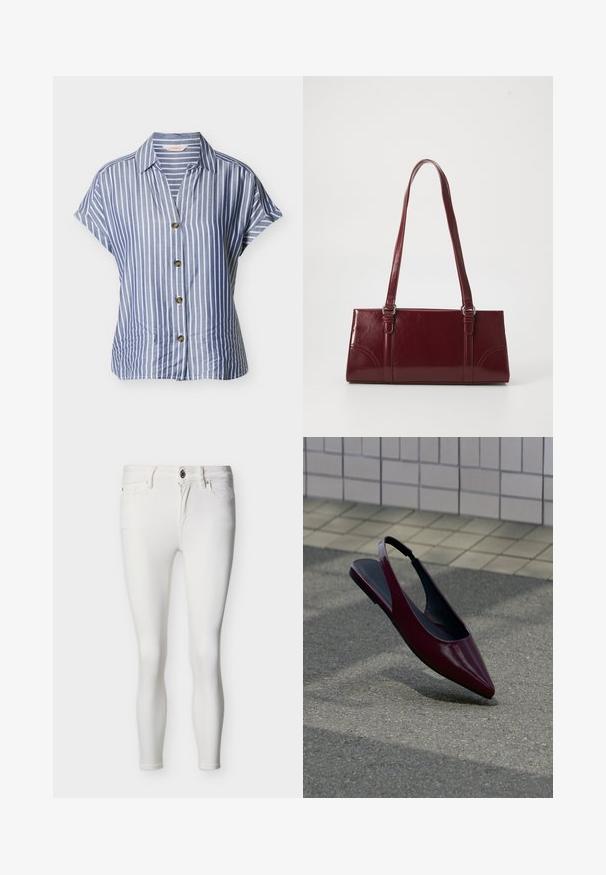 Chemise à manches courtes rayée verticalement bleu et blanc, à boutons, avec col et quatre boutons marron sur le devant.; Jean blanc slim fit avec fermeture à boutons et fermeture éclair, poches avant et passants pour ceinture, présenté sur un fond neutre.; Chaussure plate slingback en cuir verni marron avec bout pointu flottant au-dessus d'un trottoir texturé près d'un mur carrelé.; Sac à main bordeaux en matériau brillant, de forme rectangulaire, avec deux anses et des accents légèrement courbés à l'avant.