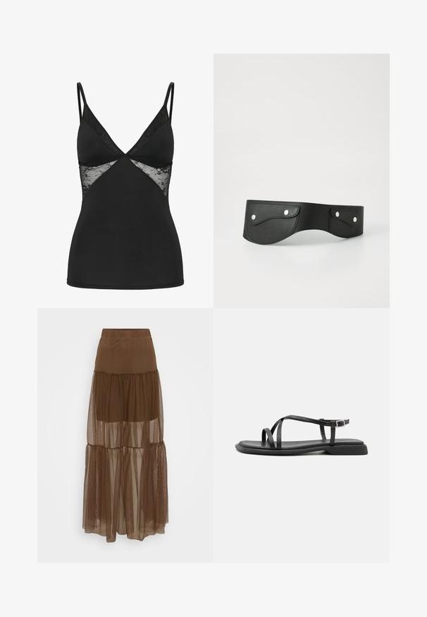 Sort camisole-top med tynde stropper, V-udskæring og blonde mesh-paneler under brystet og på siderne.; Brun lagdelt nederdel med en tekstureret mesh-overdel og elastisk talje. Den har tre lag af gennemsigtigt stof, der giver en svævende silhuet.; Sorte flade sandaler med tynde justerbare stropper, rektangulær tåpost og en struktureret mat finish. Har en lav, let firkantet hæl.; Sort læderbælte med to runde lommer, sikret med sølvtrykknapper. Glat tekstur, let buet design.