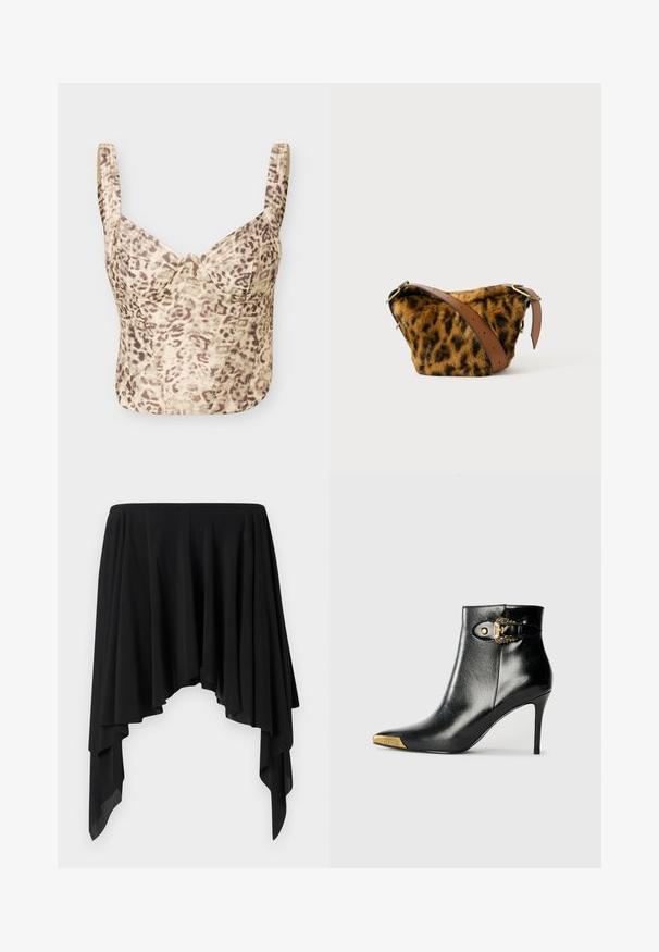 Ærmeløs, figursyet bustier-top med beige og brun leopardprint og strukturerede skåle.; Sort asymmetrisk nederdel lavet af blødt stof, der har draperede lag og et bredt livbånd, hvilket skaber en flydende silhuet.; Sort ankelstøvle lavet af skinnende læder med spids tå, stilet hæl og guldfarvet hardware med en dekorativ spænde-detalje.; Leopardmønstret faux fur taske med en brun læderrem, der har en rund form og guldbelægning.