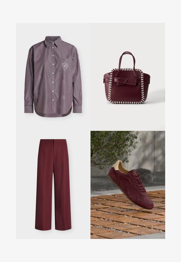 Chemise à manches longues boutonnée avec des rayures verticales blanches et rouge foncé et un petit logo blanc brodé sur la poche poitrine gauche.; Pantalon à jambes larges couleur bordeaux profond avec une taille haute et un devant épuré, présenté sur un fond clair uni.; Baskets en daim marron rouge avec col beige au talon et logos GANT dorés, flottant au-dessus d’un sol en carreaux de bois avec plante verte et mur en béton en arrière-plan.; Sac à main en cuir bordeaux avec bordure blanche cousue, doubles poignées et rabat avant sécurisé par une fermeture à épingle argentée.