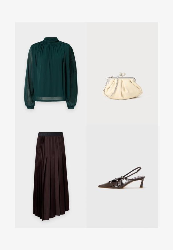 Groene blouse met een hoge hals, lange semi-doorzichtige mouwen, voorplooien en een losse pasvorm. Gemaakt van lichtgewicht stof voor een vloeiende uitstraling.; Donkerbruine geplooide midirok met een gladde textuur, voorzien van een elastische tailleband en een logo-detail aan de bovenkant.; Bruine gepatineerde leren slingback hak met een spitze neus, verstelbare straps en decoratieve gespen aan de voorkant. 3-inch hakhoogte.; Geplooide beige leren clutch met een zilveren metalen frame, voorzien van twee ronde decoratieve sluitingen en een zilveren kettingriem.