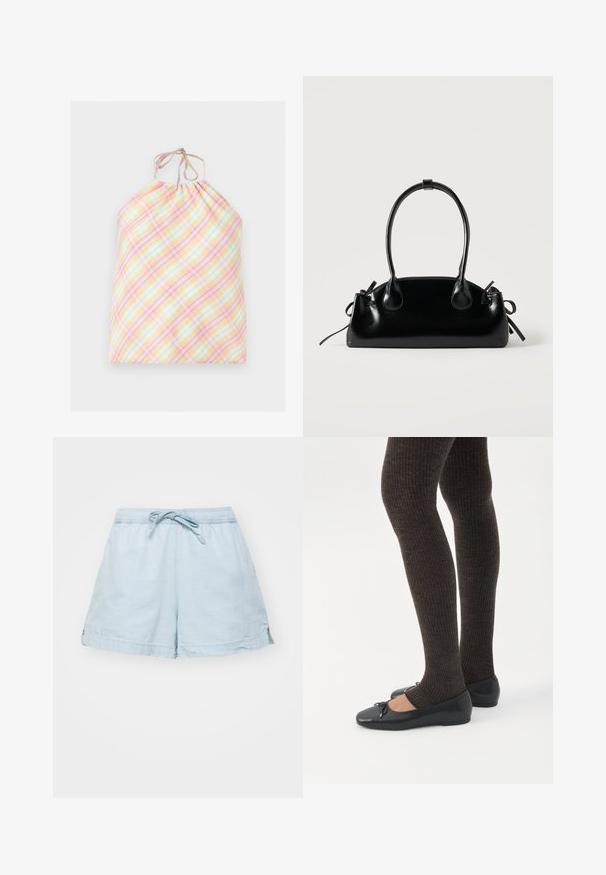 Pastelfarvet ternet halterneck-kjole med lyserøde, gule, blå og hvide diagonale striber og tynde stofbånd ved halsen.; Lysblå, letvægts shorts med elastisk talje og snøre. Har sidelommer og en afslappet pasform, lavet af blødt stof.; Ben iført mørke ribbede leggings kombineret med sorte balletsko med små sløjfedetaljer på hvid baggrund.; Lille sort blank håndtaske med to lange håndtag og snøre-detaljer i siden på en ensfarvet lys baggrund.