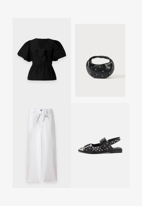 Blouse en coton noir avec un col en V, des manches bouffantes et un détail à nouer à la taille. Le corsage est froncé pour une forme peplum.; Pantalons larges blancs en coton. Dotés d'un cordon de serrage à la taille et d'une fermeture à bouton. Texture lisse avec un design minimaliste.; Chaussures slingback noires avec des accents cloutés, dotées d'un talon plat, d'un bout métallisé et de brides à boucle réglables. Détail de quincaillerie décoratif présent.; Sac à main en cuir noir de forme arrondie, décoré de clous argentés et équipé d'une poignée courte. Texture lisse et fermeture éclair.