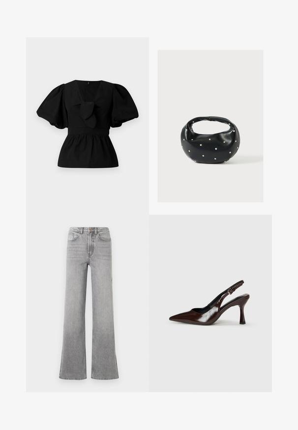 Blusa de algodón negra con escote en V, mangas abullonadas y un lazo en la cintura. El pecho está fruncido para dar forma de peplum.; Jeans de mezclilla gris de campana con una cintura alta, bolsillos delanteros, trabillas para el cinturón y un sutil diseño descolorido, presentados sobre un fondo blanco.; Zapatos de tacón slingback de charol marrón con punta afilada, tacón delgado y correa ajustable con una pequeña hebilla.; Bolso de mano de cuero negro con forma redondeada, decorado con detalles de tachuelas plateadas y un asa corta. Textura lisa y cierre con cremallera.
