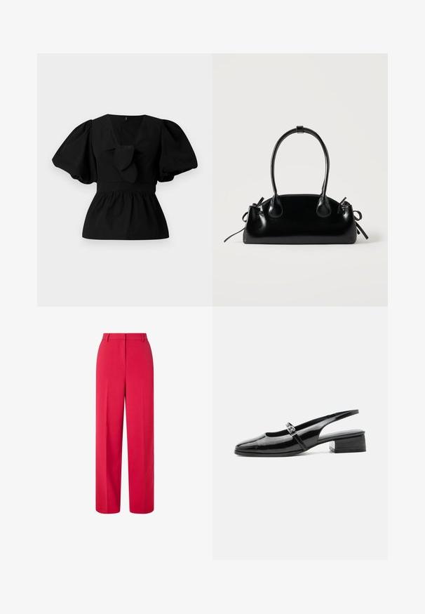 Blusa de algodón negra con escote en V, mangas abullonadas y un lazo en la cintura. El pecho está fruncido para dar forma de peplum.; Pantalones rojos de cintura alta y pierna ancha con pasadores de cinturón y cierre frontal oculto sobre un fondo blanco.; Zapato slingback de charol negro con tacón bajo y grueso y una fina correa con hebilla de plata en la parte superior.; Pequeño bolso negro brillante con dos asas largas y detalles de cordón lateral sobre un fondo claro liso.
