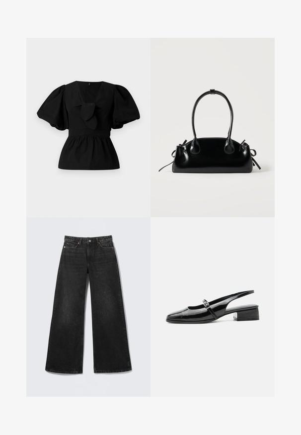 Blouse en coton noir avec un col en V, des manches bouffantes et un détail à nouer à la taille. Le corsage est froncé pour une forme peplum.; Jean noir à jambes larges avec cinq poches et fermeture par bouton, présenté à plat sur un fond clair.; Chaussure slingback en cuir verni noir avec un petit talon bloc et une fine bride avec une boucle argentée sur le dessus.; Petit sac à main noir brillant avec deux longues anses et des détails à cordon sur les côtés sur un fond clair uni.