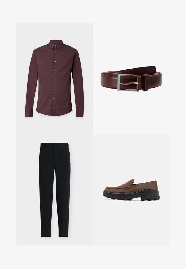 Overhemd met lange mouwen in donker bordeaux met een klassieke kraag en zeven knopen aan de voorkant.; Zwarte op maat gemaakte slim-fit broek met riemlussen en een verborgen voorvaksluiting, getoond op een witte achtergrond.; Bruine suede instapper met een dikke zwarte rubberen zool, voorzien van gedurfde profielpatronen en een gladde, ronde neusdesign.; Bruine leren riem met een gepolijst zilveren gesp, met een gladde textuur en nauwkeurige stiksels, ontworpen voor duurzaamheid en stijl.