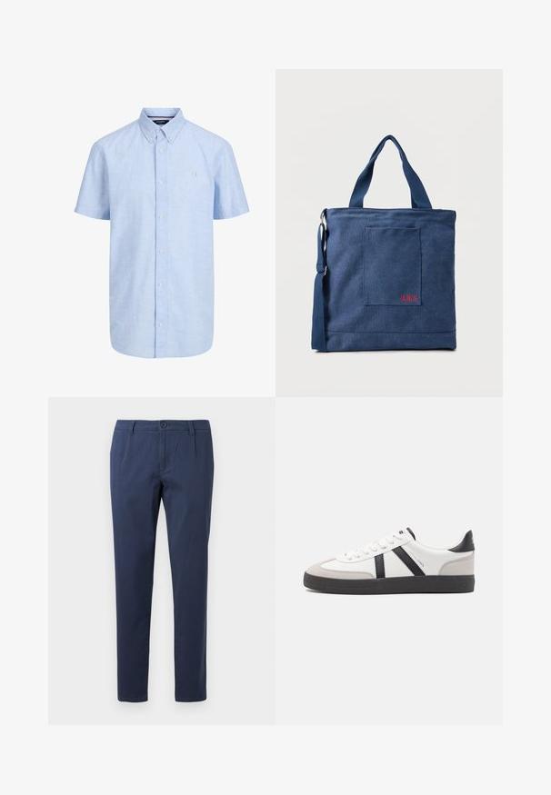 Lichtblauw overhemd met korte mouwen, knoopsluiting, button-down kraag en klein geborduurd logo op de linkerborst.; Marineblauwe broek van lichtgewicht stof, met een frontale knoopsluiting, twee zijzakken en een recht gesneden ontwerp.; Witte sneaker met zwarte en grijze accenten, voorzien van een grijze neus met textuur, zwarte rubberen zool en platte witte veters. Schoon ontwerp, minimalistische stijl.; Blauwe canvas tas met voorvak en rode "O.N.S" borduring, voorzien van dubbele handvatten en een verstelbare schouderriem.