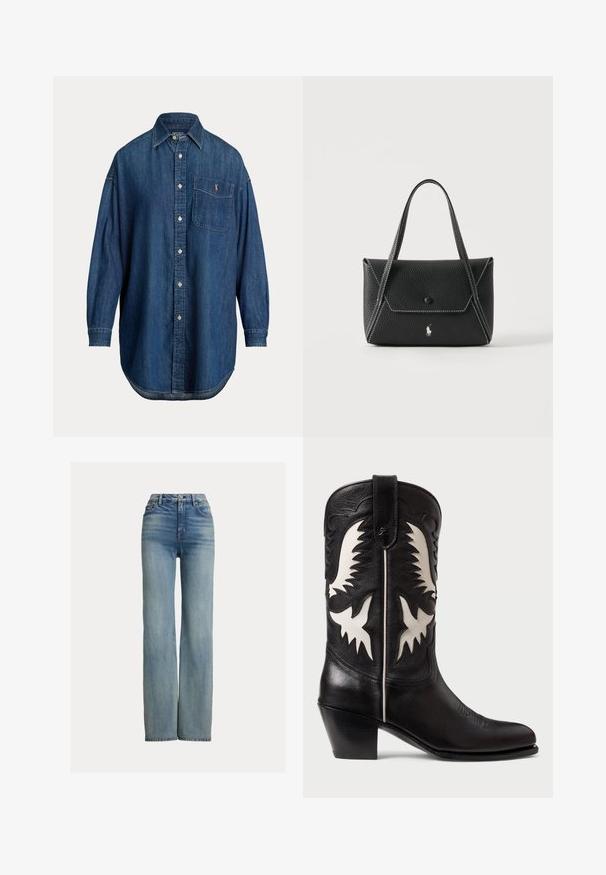 Langärmliges blaues Denim-Hemd mit Brusttasche, auf der ein kleines gesticktes Logo und ein klassischer Kragen zu sehen sind.; Hochgeschnittene, gerade geschnittene blaue Jeans mit Fronttaschen, Gürtelschlaufen und Knopfverschluss, die dezente Verwaschungen aufweisen.; Schwarze Ledercowboystiefel mit weißen eckigen Akzenten, dekorativer Stickerei, einer spitzen Zehe und einem niedrigen, gestapelten Absatz.; Schwarze Lederhandtasche mit zwei Griffen, Frontklappe mit Knopfverschluss, weißen Nähten und kleinem Pferdelogo auf schlichtem Hintergrund.