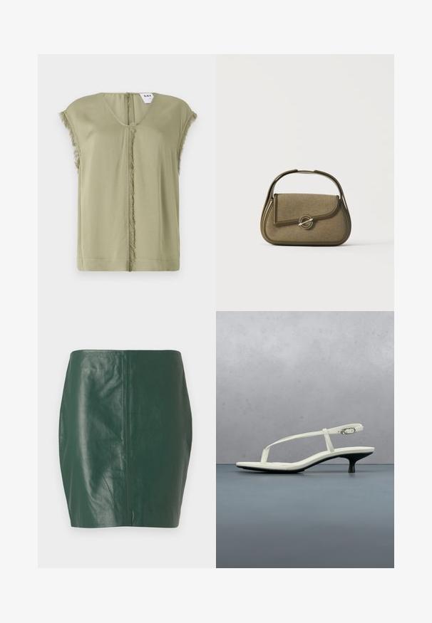 Top verde oliva con escote en V, mangas cortas y bordes desflecados en el centro. Hecho de una tela suave con un ajuste relajado.; Minifalda de cuero verde con una textura suave y forma ajustada. Presenta un diseño sin costuras y sin cierres o herrajes visibles.; Sandalia blanca de tacón kitten con tiras y punta afilada, flotando sobre un suelo de baldosas de madera al aire libre, con un fondo desenfocado de plantas y pared.; Bolso pequeño de color verde oliva con bordes redondeados, un asa superior y un cierre con solapa asegurado por un broche metálico circular.