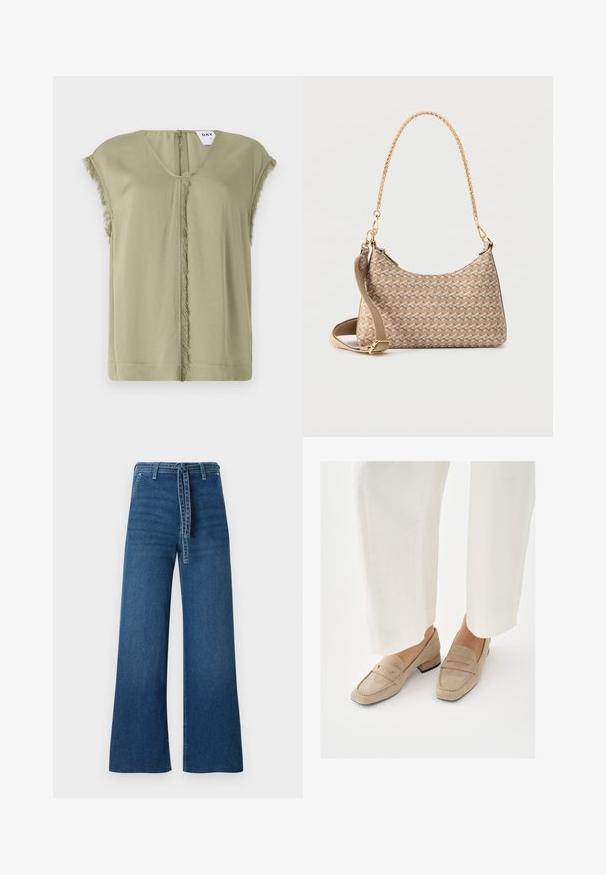 Top verde oliva con escote en V, mangas cortas y bordes desflecados en el centro. Hecho de una tela suave con un ajuste relajado.; TOM TAILOR DENIM TTMIJA CULOTTE FIT - Vaqueros a campana - used mid stone blue denim; Mocasines de ante beige con tacón bajo, que presentan un diseño con costuras y una punta redondeada. Combinados con pantalones blancos de pierna ancha.; Bolso de hombro beige con patrón geométrico, asa con cadena dorada y correa de tela beige desmontable, sobre un fondo blanco.