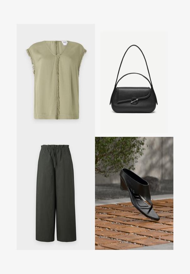 Top verde oliva con escote en V, mangas cortas y bordes desflecados en el centro. Hecho de una tela suave con un ajuste relajado.; Pantalones de pierna ancha en tejido verde oscuro, con una cintura elástica y una textura suave, sin herrajes visibles ni patrones.; Sandalia negra de tacón alto con tira entre los dedos, flotando sobre una superficie exterior de madera y grava con patrón, con vegetación desenfocada y pared al fondo.; Bolso de cuero negro con bordes redondeados, solapa asimétrica, cierre circular de metal y correas de hombro cortas y largas.