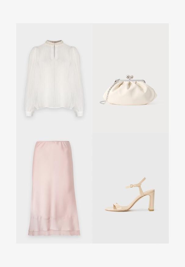 Witte blouse met verticale strepen, hoge halslijn versierd met textuurdetails, en lange opgeblazen mouwen die eindigen in aangesloten manchetten.; Lichtroze satijnen midi-jurk met elastische tailleband en gelaagde zoomdetail, weergegeven op een effen witte achtergrond.; Beige hoge hak sandaal met enkelbandje en gouden gesp, open teen, en blokhak op een witte achtergrond.; Crèmekleurige stoffen clutch met een geplooid ontwerp, een zilverkleurig metalen frame, twee decoratieve balletjes en een zilveren kettingriem.