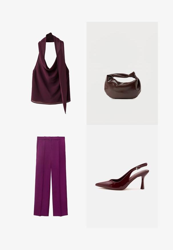 Sleeveless dark purple chiffon top with draped cowl neckline and long attached scarf detail.; Purple wide-leg trousers made from smooth fabric, featuring a tailored waistband and two front pleats for added structure.; Glossy dark red pointed-toe slingback high heel shoe with a slim adjustable strap and tapered stiletto heel on white background.; Dark brown leather shoulder bag with a soft, slouchy shape and a twisted knot handle on a plain white background.