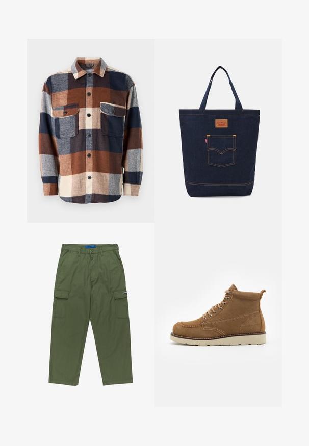 Polygonet flannel skjorte i brun, marineblå og creme. Har en knaplukning foran, to brystlommer og en spredt krave. Blød tekstur.; Grønne cargo bukser med lige pasform, flere sidelommer og lynlås. Fremstillet af slidstærkt bomuldsstof. Har mærkeetiket.; Brune ruskindsankelstøvler med rund tå, snørebånd foran og en beige gummisål, der har subtile syninger og en løkke bagpå.; Mørkeblå denim tote bag med to håndtag, synlige sømme og en frontlomme med et klassisk logo-patch.
