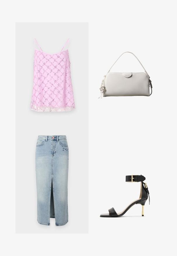 Top de tirantes finos en color rosa, adornado con un brillante patrón de diamantes de lentejuelas, con un dobladillo transparente y una textura de tela suave.; Fabienne Chapot CARLYNE SKIRT - Falda vaquera - light blue tinted; Sándal de tacón de cuero negro con punta cuadrada, correa en el tobillo con hebilla dorada y un tacón metálico esbelto. Textura suave, diseño minimalista.; Bolso rectangular blanco de Calvin Klein con un solo asa, diseño minimalista y borlas decorativas con un charm metálico geométrico en el lateral.
