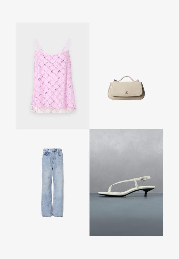 Top de tirantes finos en color rosa, adornado con un brillante patrón de diamantes de lentejuelas, con un dobladillo transparente y una textura de tela suave.; Jeans de mezclilla azul claro con un corte relajado, que cuentan con bordados florales plateados en toda la prenda y el estilo clásico de cinco bolsillos.; Sandalia blanca de tacón kitten con tiras y punta afilada, flotando sobre un suelo de baldosas de madera al aire libre, con un fondo desenfocado de plantas y pared.; Pequeño bolso de mano de cuero beige con asa superior y logo plateado de CK en la solapa frontal, mostrado sobre un fondo blanco.