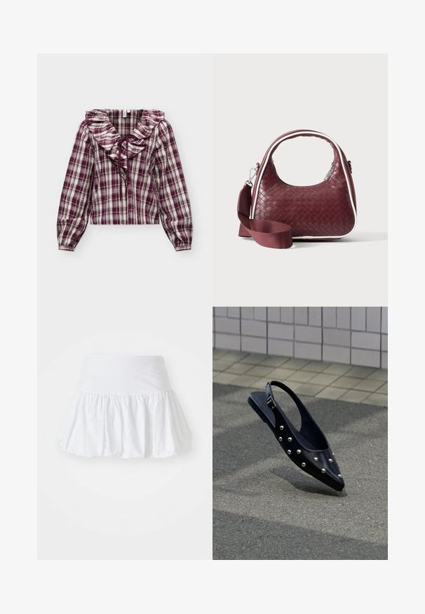 Blouse à manches longues avec motif à carreaux bordeaux et blanc, col en V volanté et lien ajustable à l'avant.; Jupe évasée blanche fabriquée en tissu léger, avec un design froncé et une taille élastique pour le confort. Pas de motifs ni d'accents visibles.; Chaussure slingback noire à bout pointu avec des clous argentés, flottant au-dessus d'un bitume près d'un mur carrelé en arrière-plan.; Sac à main en cuir tressé marron foncé avec poignée courbée, garniture blanche, fermeture éclair argentée et bandoulière large en tissu amovible sur fond uni.